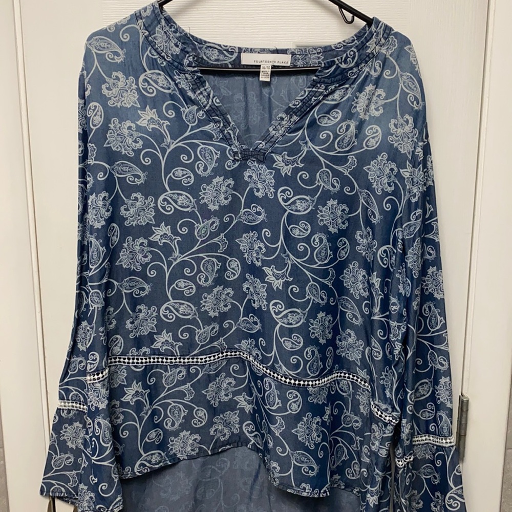 Blue floral top with bell sleeves